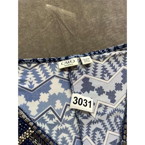 Cato Pull-over Tunic Blouse Plus 22/24W Blue &‎ White Beaded V-neck short sleeve - Picture 6 of 6